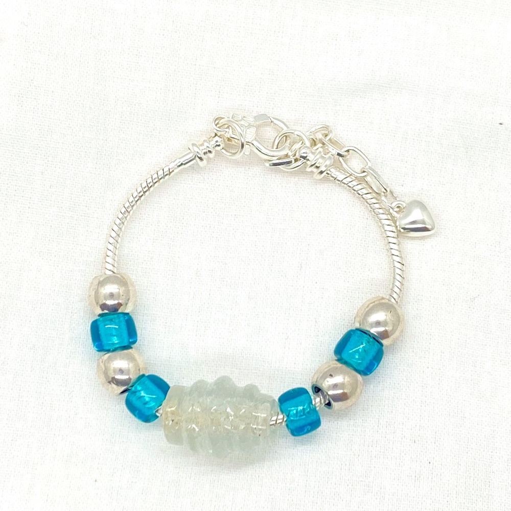 Silver & Aqua with Sea-Glass Center Bead on Silver Colored Snake Chain Bracelet
